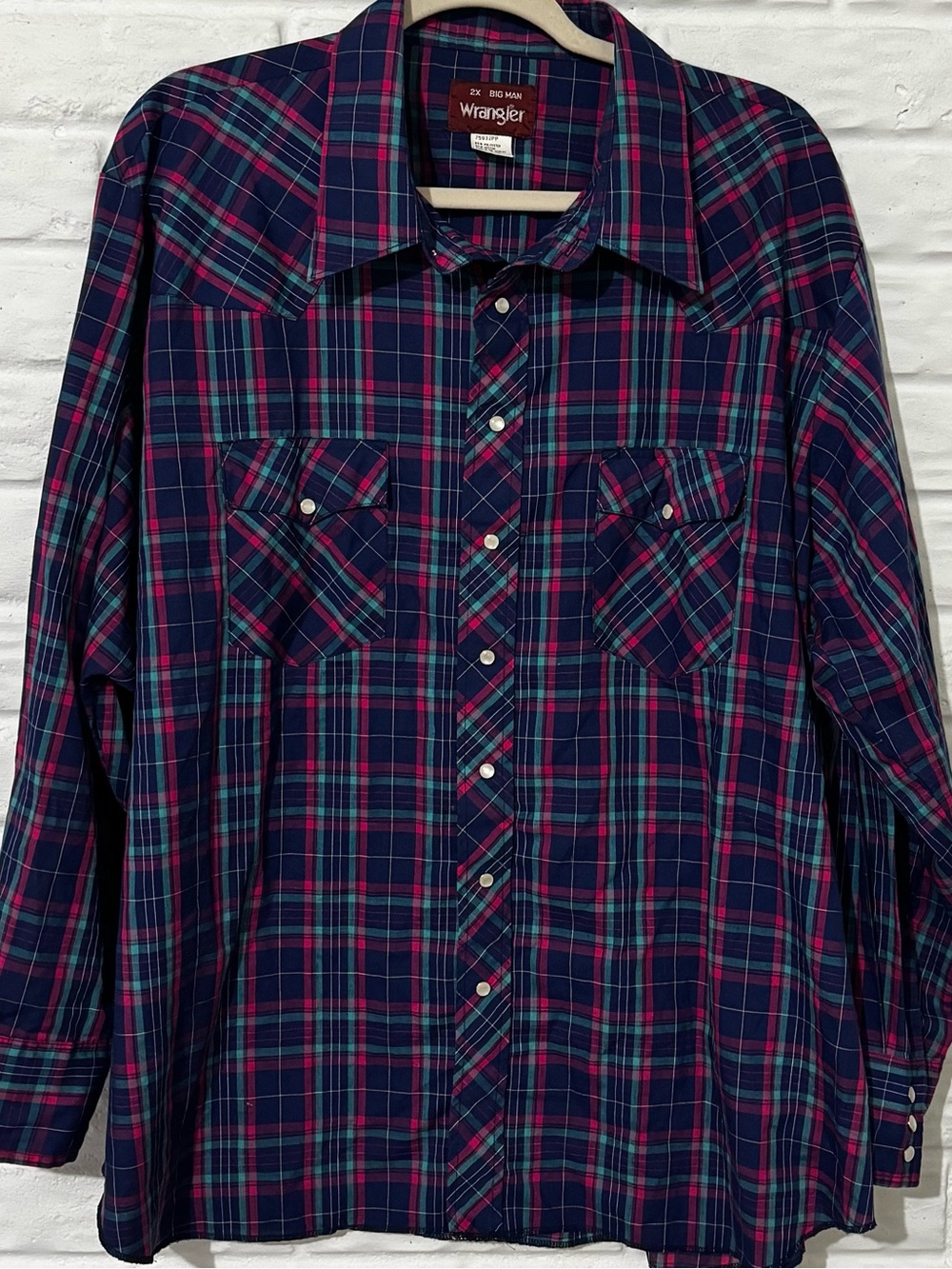 Wrangler Pearl Snap Shirt Mens 2X Big Man Navy Pink Plaid Western Long Sleeve